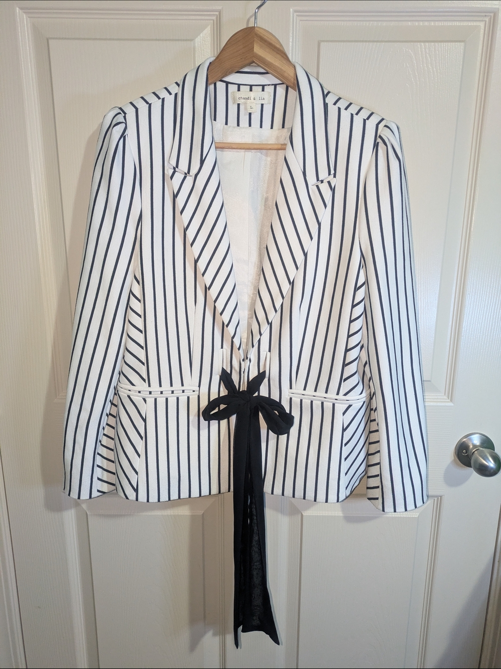 Striped Tie-Waist Blazer Jacket - White with Black Stripes